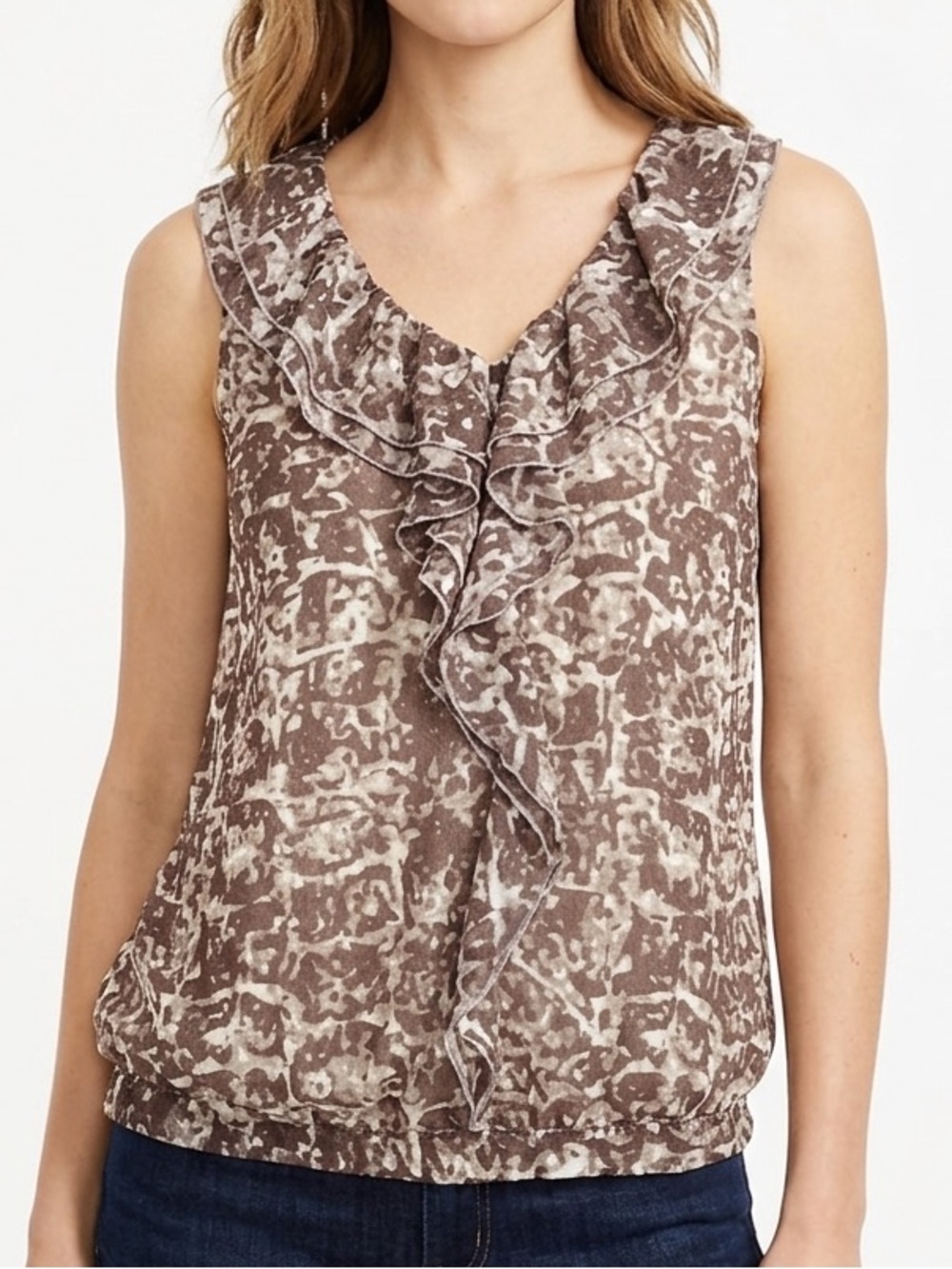 LOFT sleeveless blouse with ruffles and finished hem, size M, brown and cream